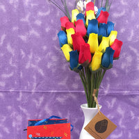 Happy Birthday Red, Blue, and Yellow Wooden Rose Flower Bouquet - The Original Wooden Rose