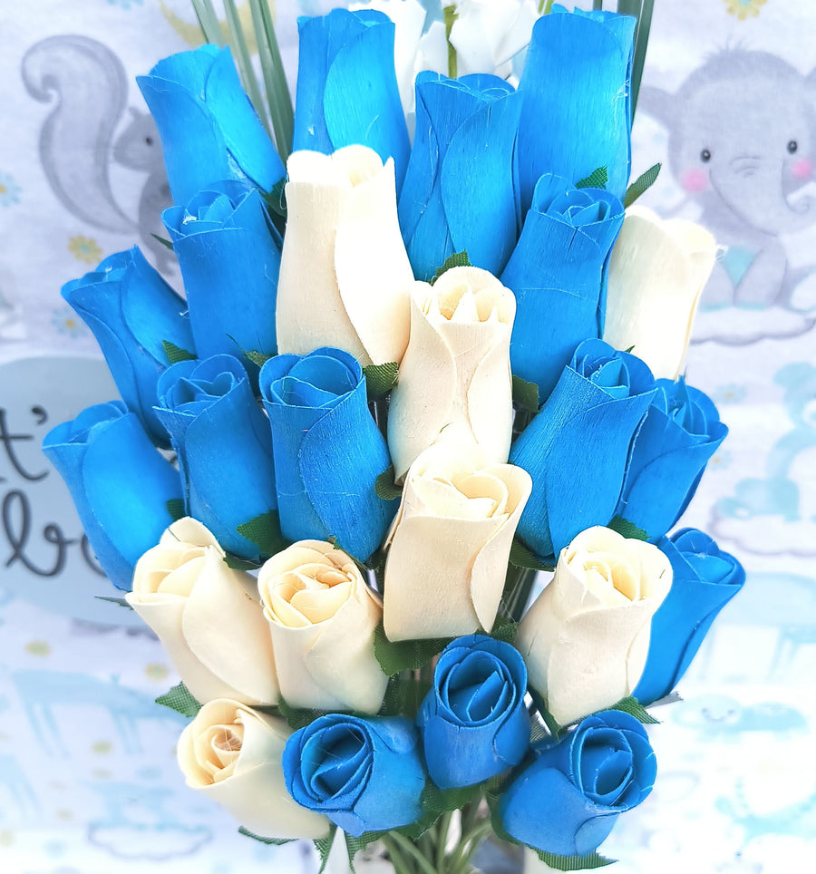 It's A Boy Light Blue and White Wooden Rose Flower Bouquet - The Original Wooden Rose