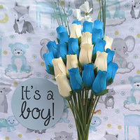 It's A Boy Light Blue and White Wooden Rose Flower Bouquet - The Original Wooden Rose