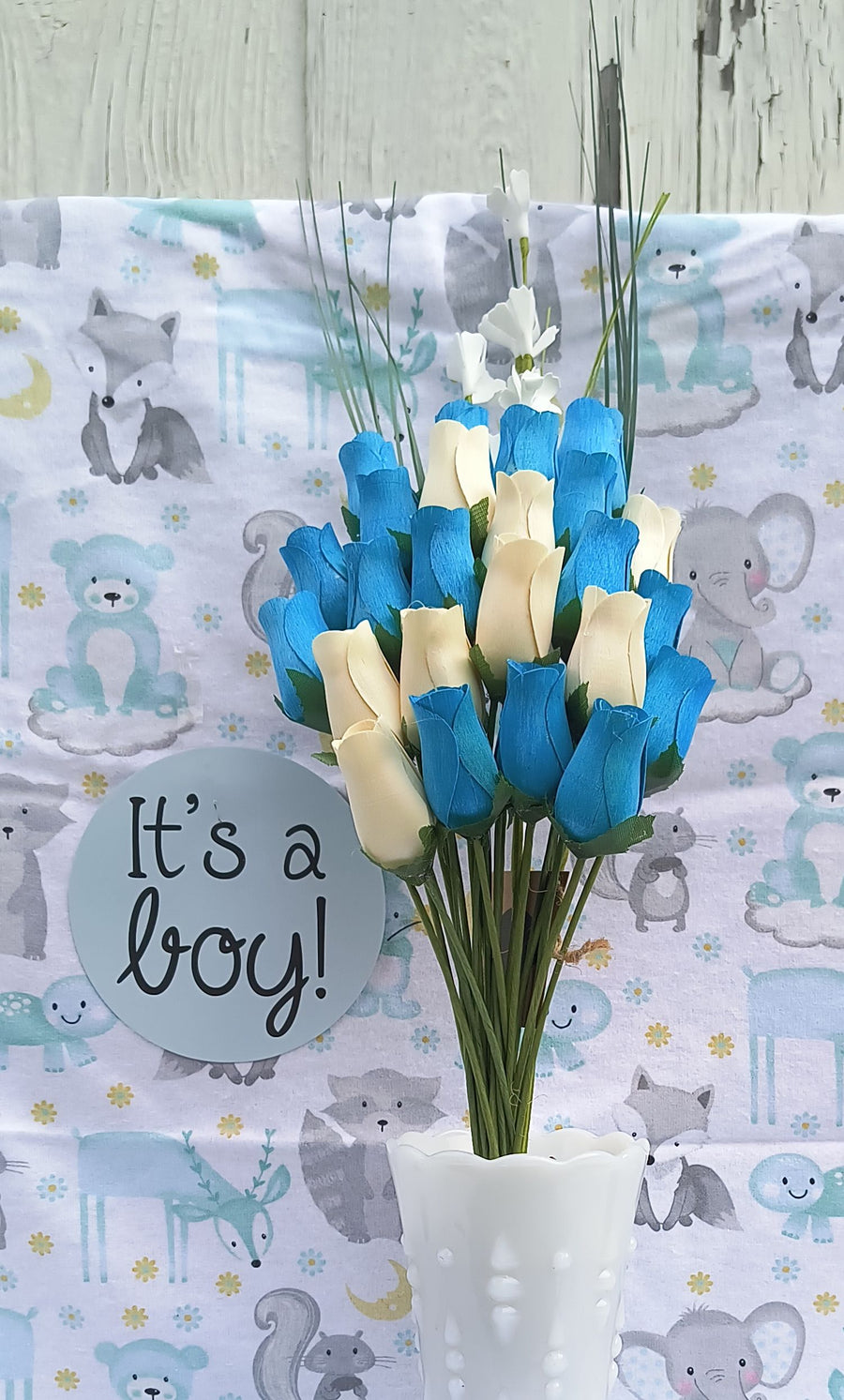 It's A Boy Light Blue and White Wooden Rose Flower Bouquet - The Original Wooden Rose