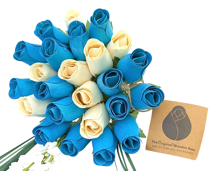 It's A Boy Light Blue and White Wooden Rose Flower Bouquet - The Original Wooden Rose