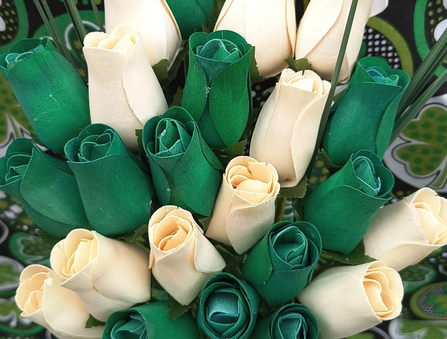 Saint Patrick's Day Green and White Wooden Rose Flower Bouquet - The Original Wooden Rose