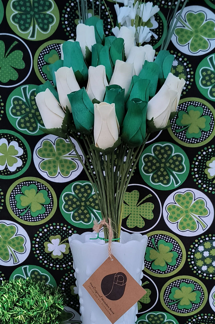 Saint Patrick's Day Green and White Wooden Rose Flower Bouquet - The Original Wooden Rose