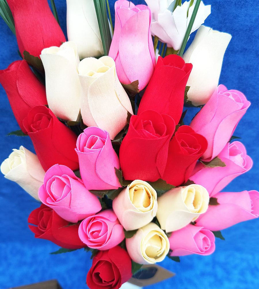 Valentines Day Red, Pink and White Wooden Rose Flower Bouquet - The Original Wooden Rose