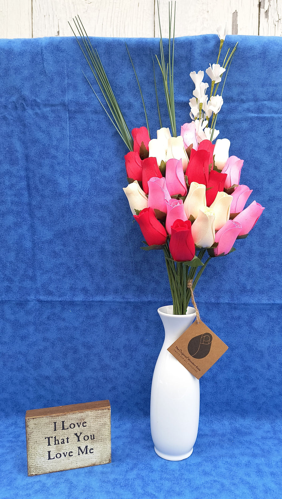 Valentines Day Red, Pink and White Wooden Rose Flower Bouquet - The Original Wooden Rose