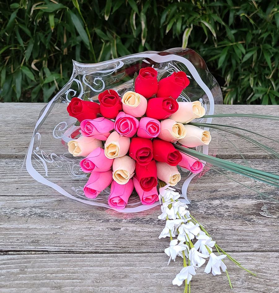 Valentines Day Red, Pink and White Wooden Rose Flower Bouquet - The Original Wooden Rose