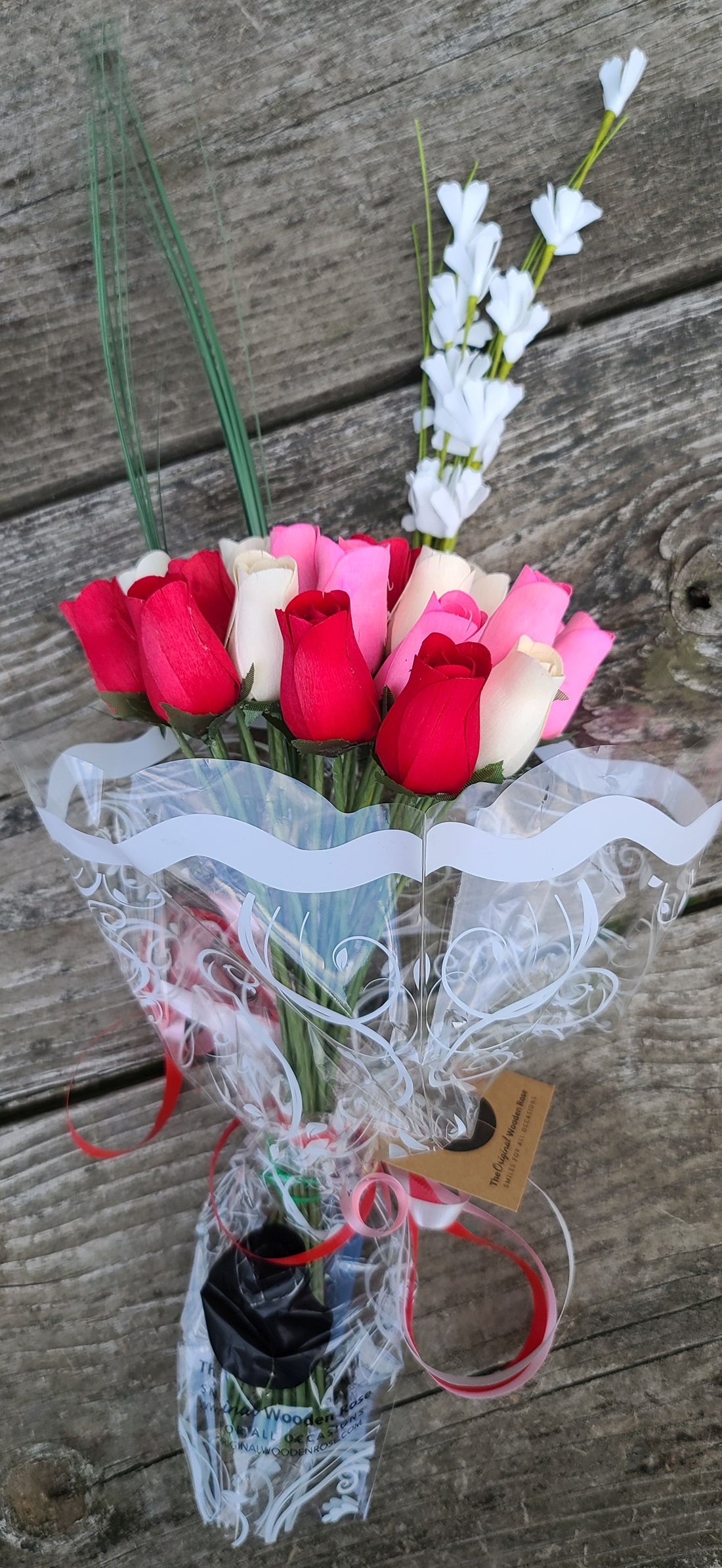 Valentines Day Red, Pink and White Wooden Rose Flower Bouquet - The Original Wooden Rose