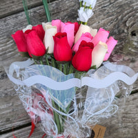 Valentines Day Red, Pink and White Wooden Rose Flower Bouquet - The Original Wooden Rose