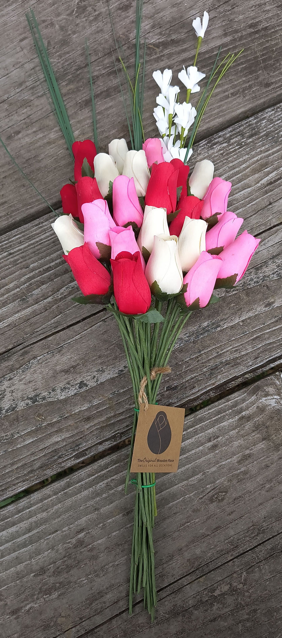 Valentines Day Red, Pink and White Wooden Rose Flower Bouquet - The Original Wooden Rose