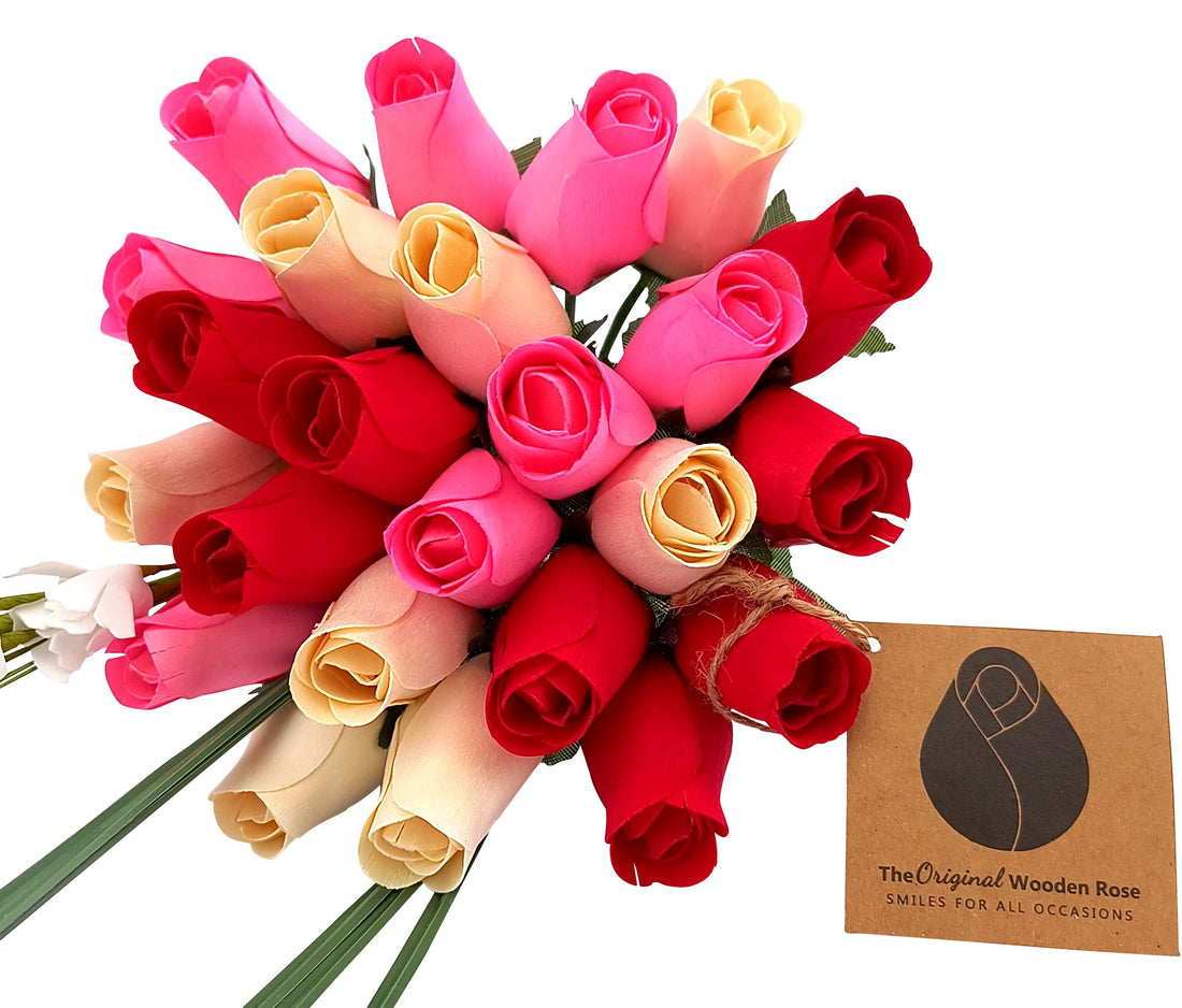 Valentines Day Red, Pink and White Wooden Rose Flower Bouquet - The Original Wooden Rose