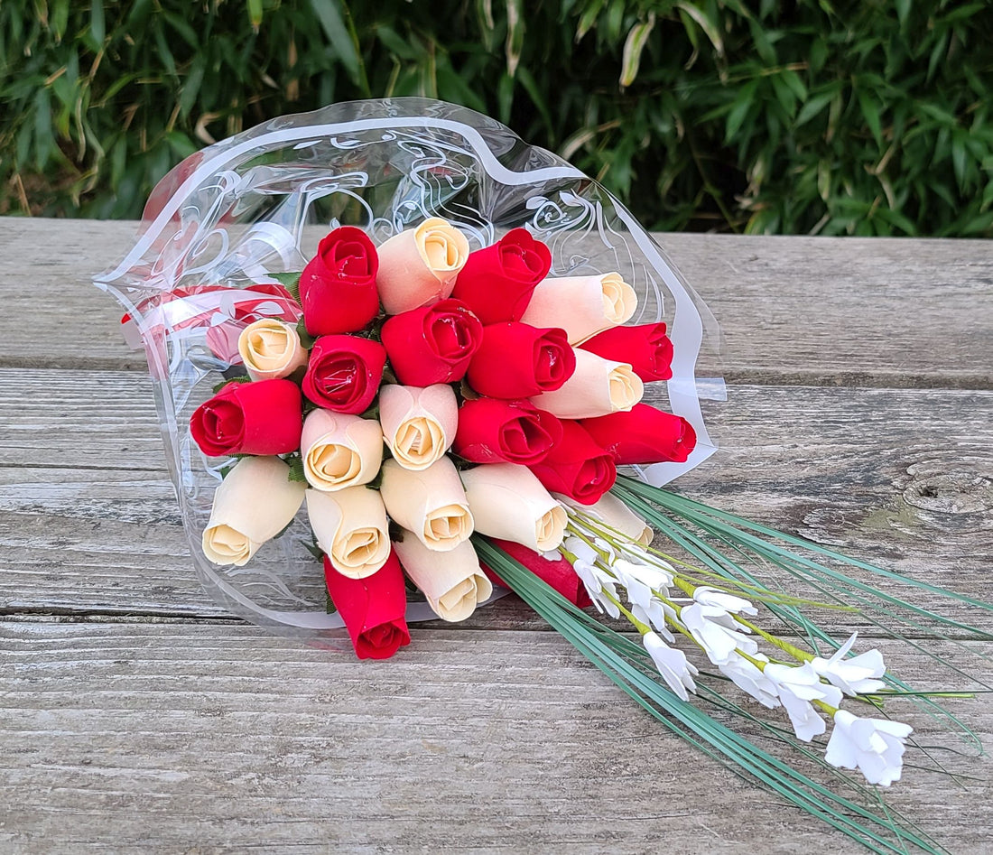 Valentines Day Red and White Wooden Rose Flower Bouquet - The Original Wooden Rose