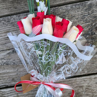 Valentines Day Red and White Wooden Rose Flower Bouquet - The Original Wooden Rose