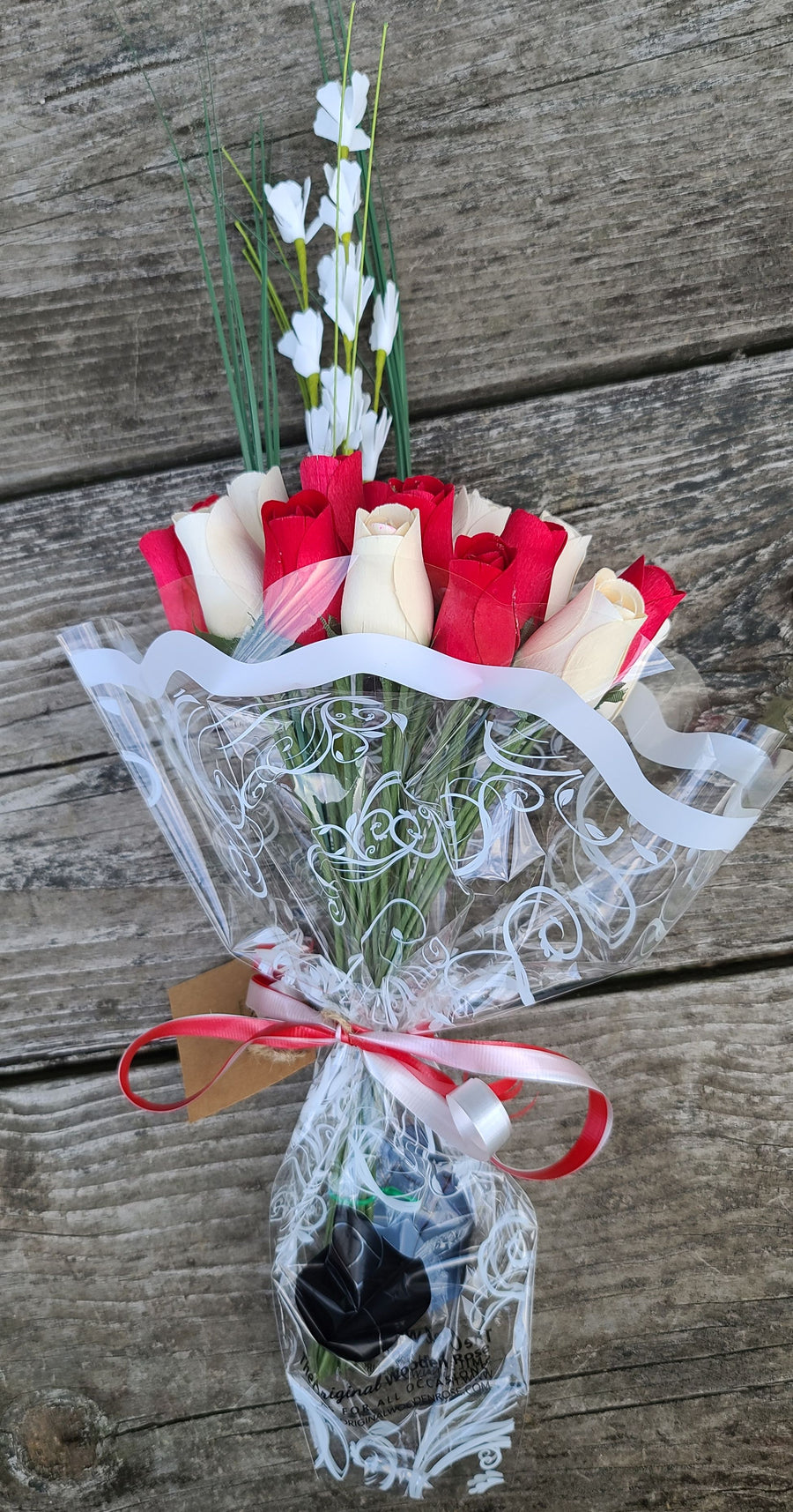 Valentines Day Red and White Wooden Rose Flower Bouquet - The Original Wooden Rose