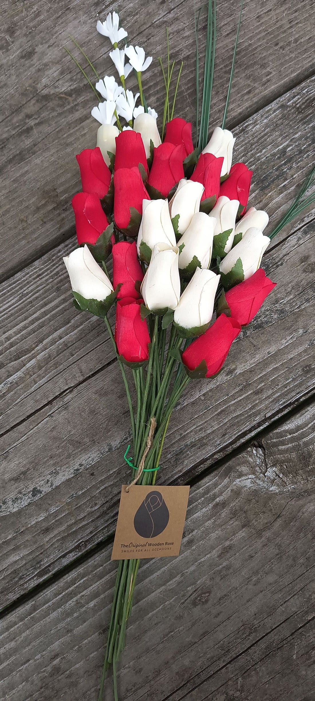 Valentines Day Red and White Wooden Rose Flower Bouquet - The Original Wooden Rose