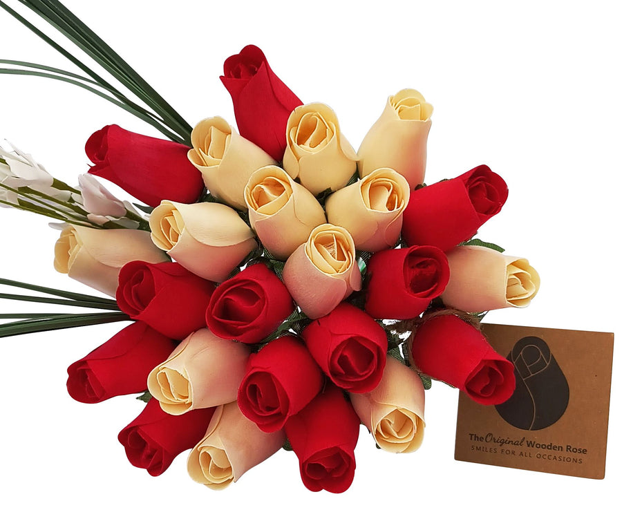 Valentines Day Red and White Wooden Rose Flower Bouquet - The Original Wooden Rose