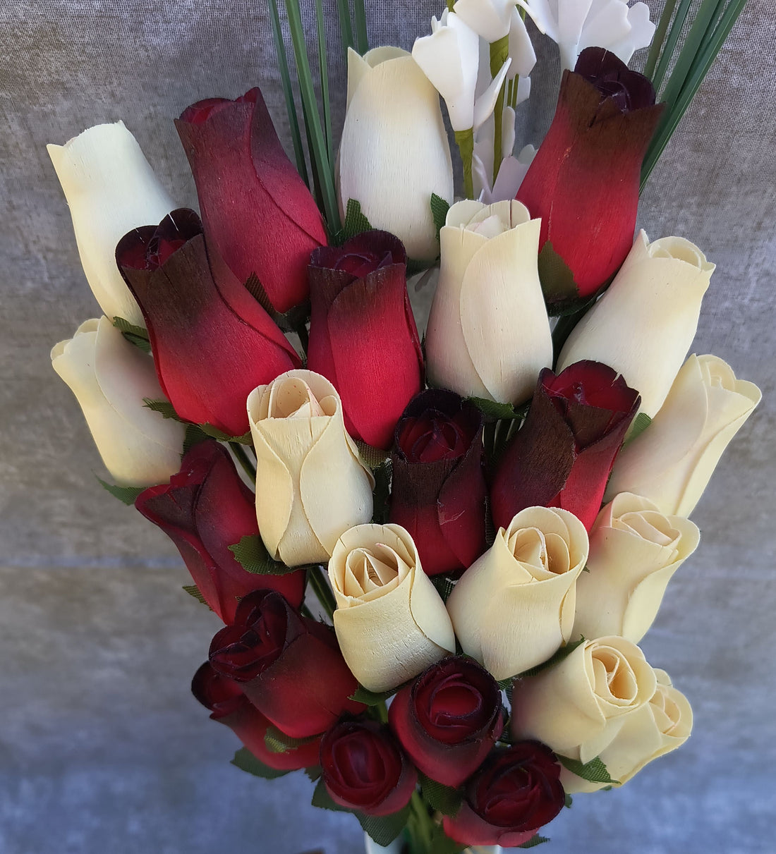 Red with Black Tips and White Wooden Rose Flower Bouquet - The Original Wooden Rose