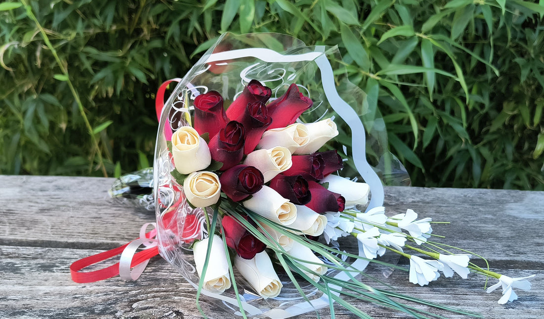 Red with Black Tips and White Wooden Rose Flower Bouquet - The Original Wooden Rose