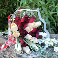 Red with Black Tips and White Wooden Rose Flower Bouquet - The Original Wooden Rose