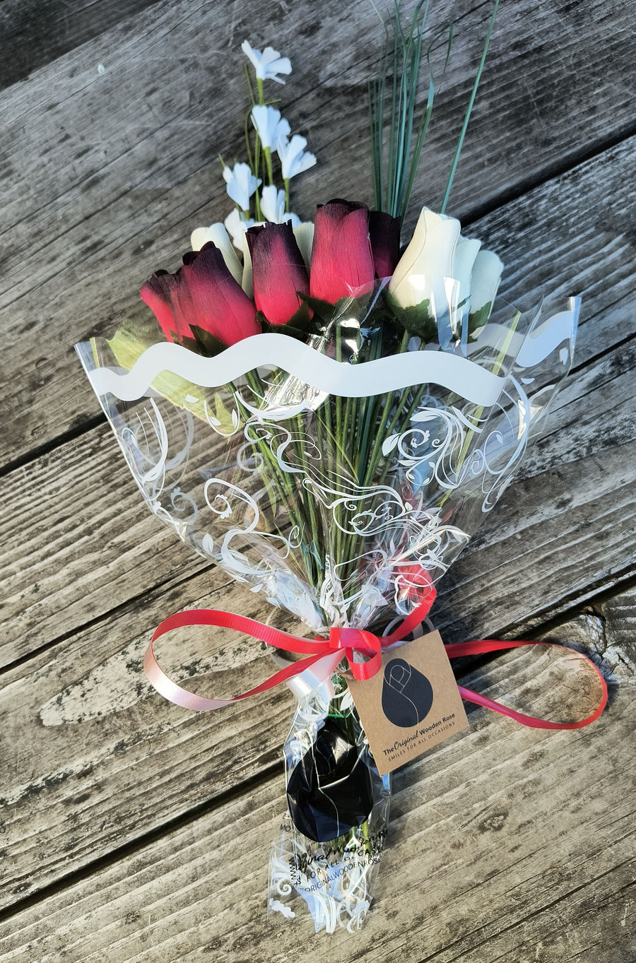 Red with Black Tips and White Wooden Rose Flower Bouquet - The Original Wooden Rose