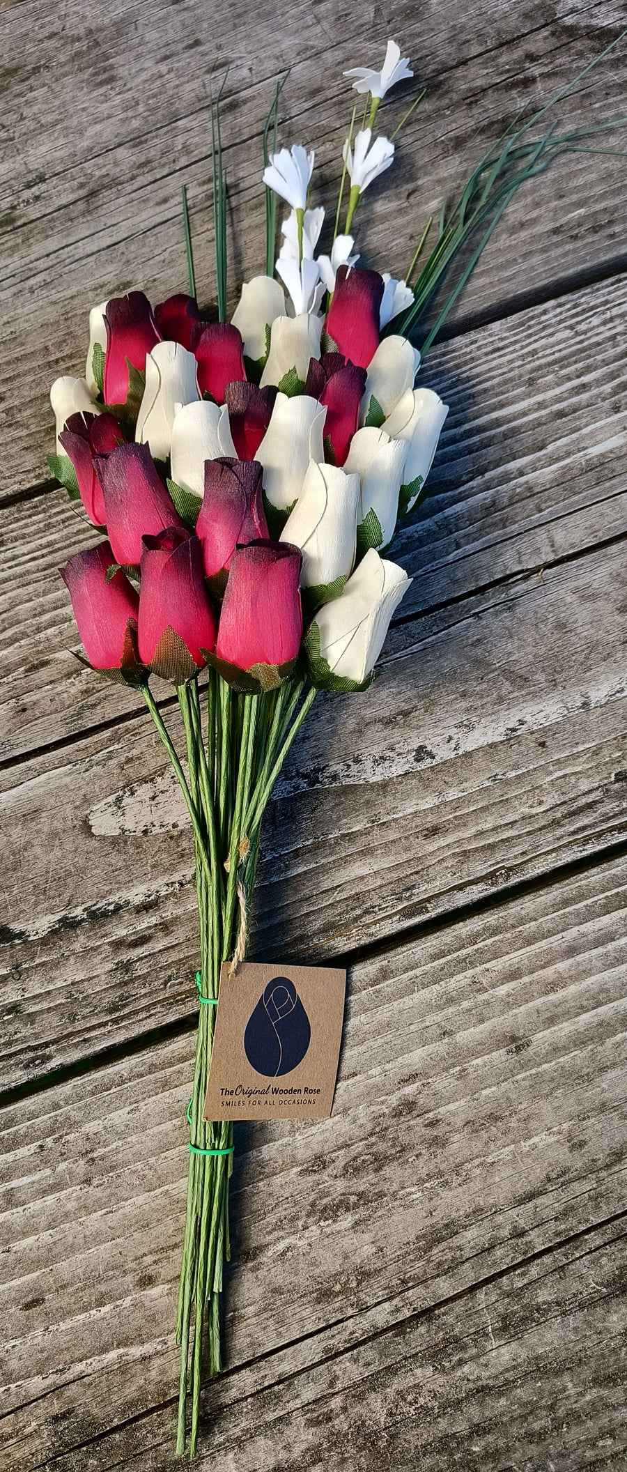 Red with Black Tips and White Wooden Rose Flower Bouquet - The Original Wooden Rose