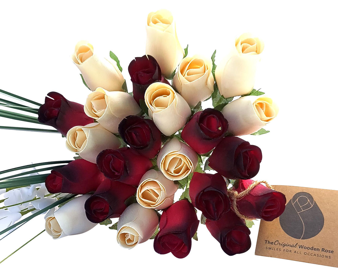 Red with Black Tips and White Wooden Rose Flower Bouquet - The Original Wooden Rose