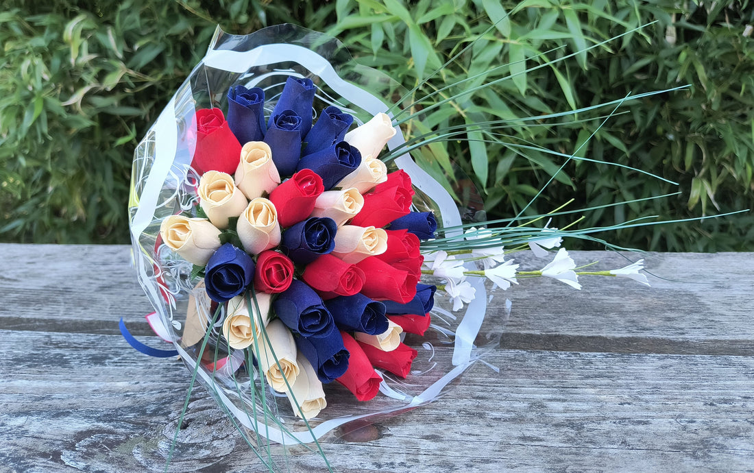 Patriotic Holiday Flowers RED, WHITE, and BLUE - The Original Wooden Rose