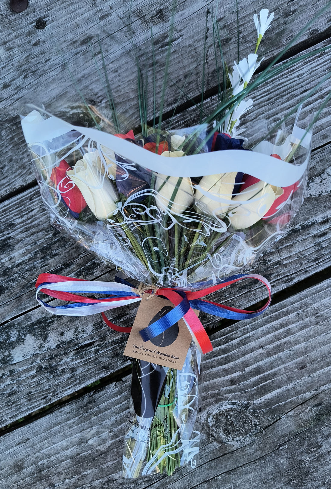 Patriotic Holiday Flowers RED, WHITE, and BLUE - The Original Wooden Rose