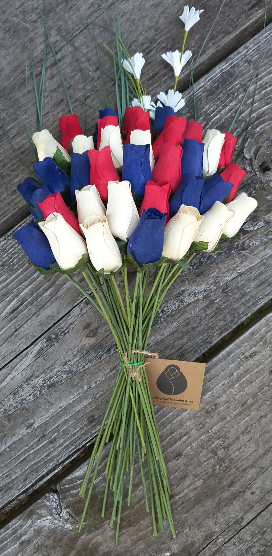 Patriotic Holiday Flowers RED, WHITE, and BLUE - The Original Wooden Rose