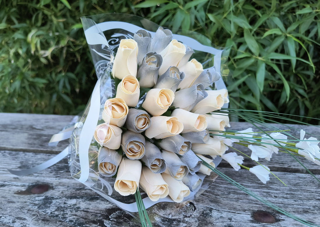 25 Year Anniversary Silver and White Wooden Rose Flower Bouquet - The Original Wooden Rose