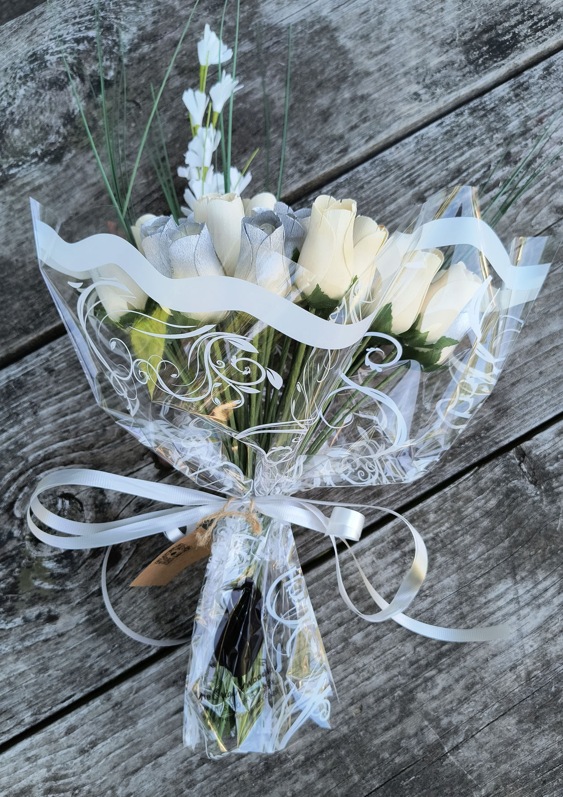 25 Year Anniversary Silver and White Wooden Rose Flower Bouquet - The Original Wooden Rose