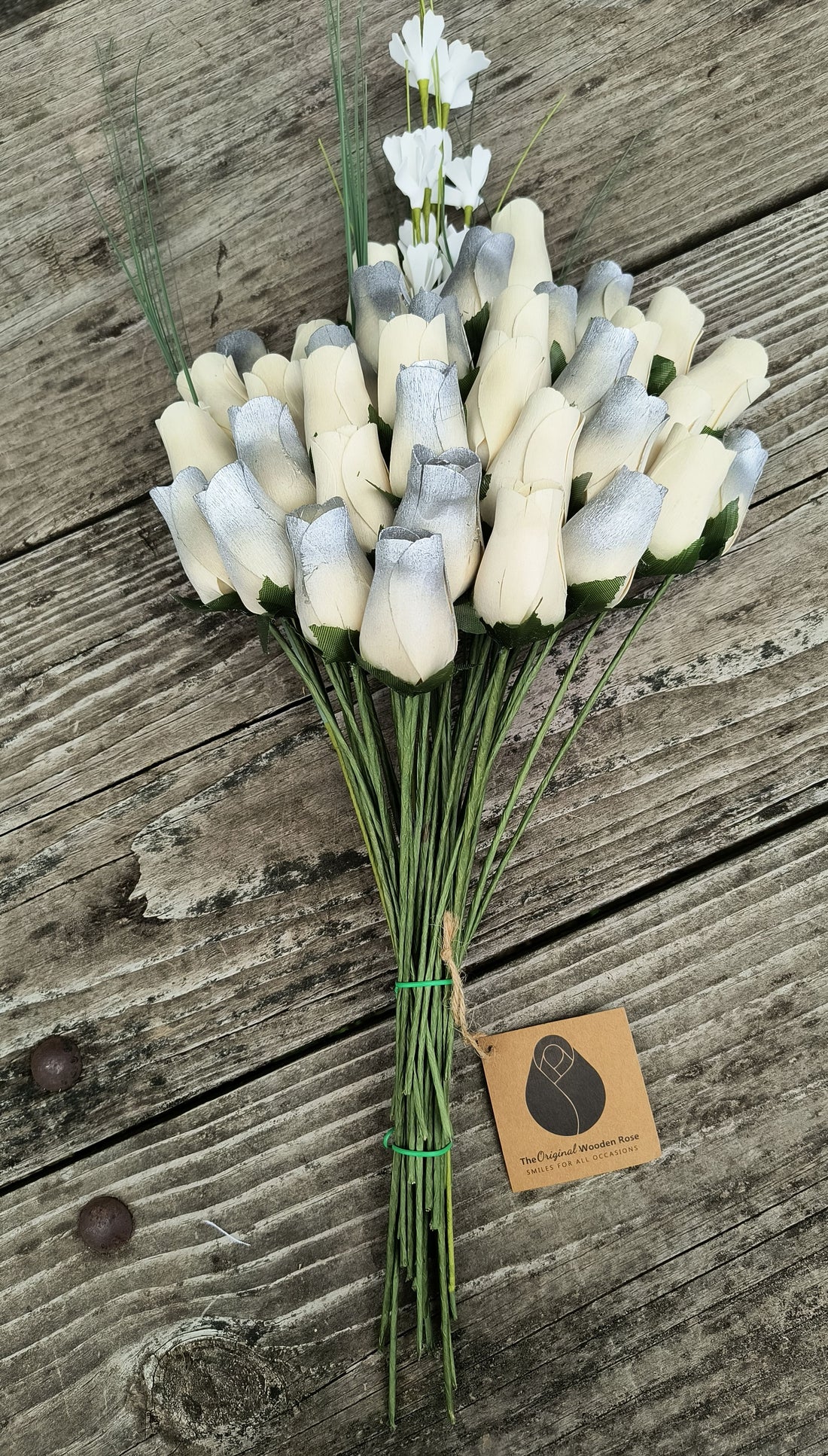 25 Year Anniversary Silver and White Wooden Rose Flower Bouquet - The Original Wooden Rose