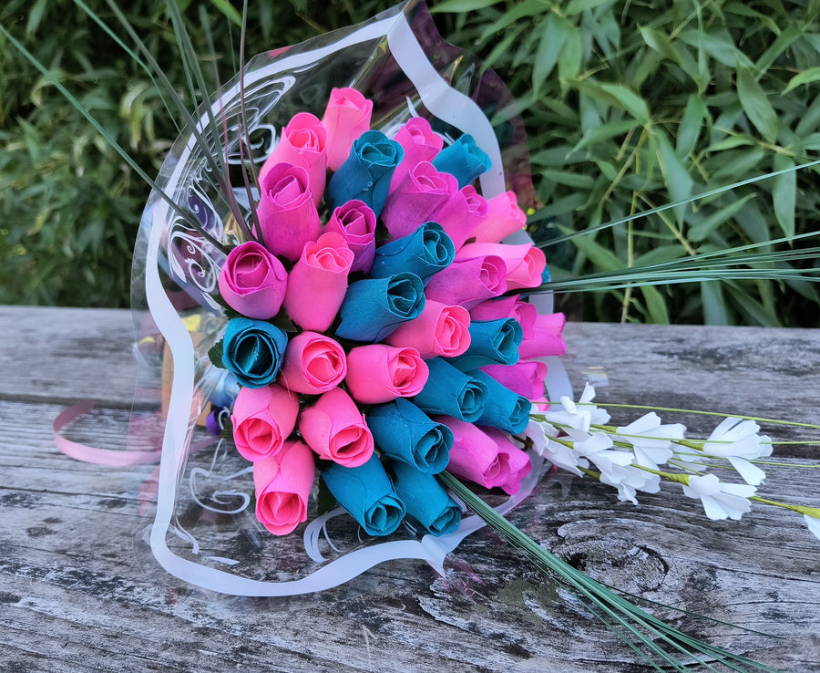 3 Color Spring Wooden Rose Flower Bouquet - The Original Wooden Rose