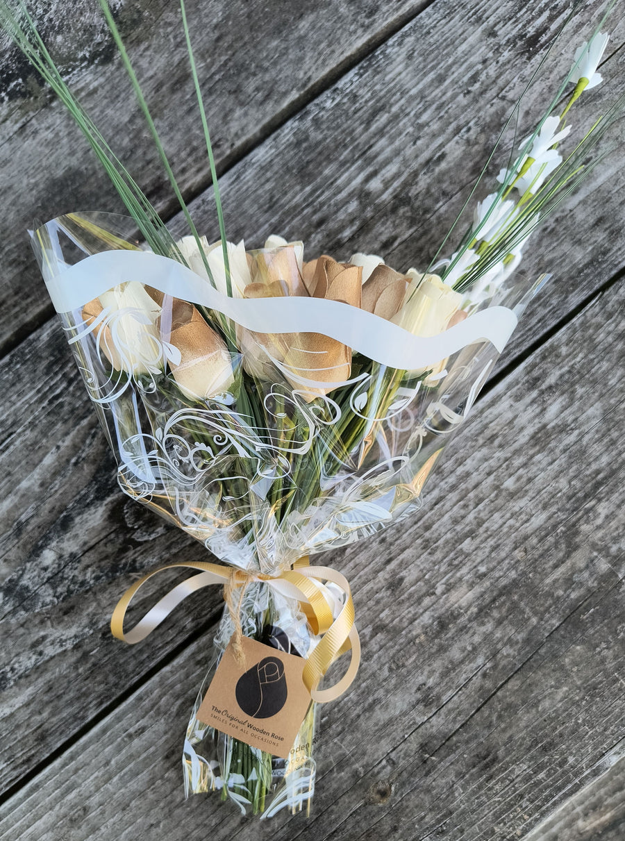 50 Year Anniversary Gold and White Wooden Rose Flower Bouquet - The Original Wooden Rose