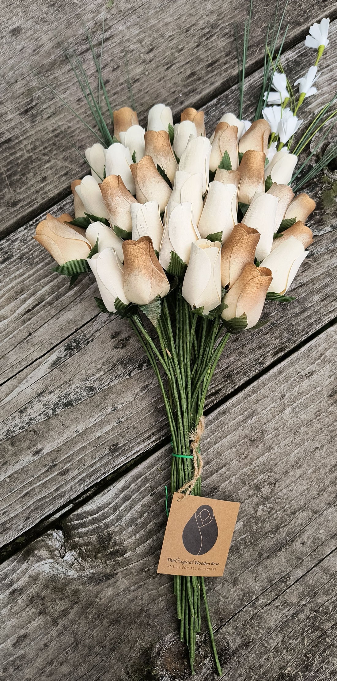 50 Year Anniversary Gold and White Wooden Rose Flower Bouquet - The Original Wooden Rose