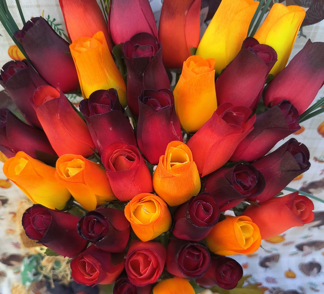 Dark Fall Harvest Colors. Yellows, Oranges, Reds Wooden Rose Flower Bouquet - The Original Wooden Rose