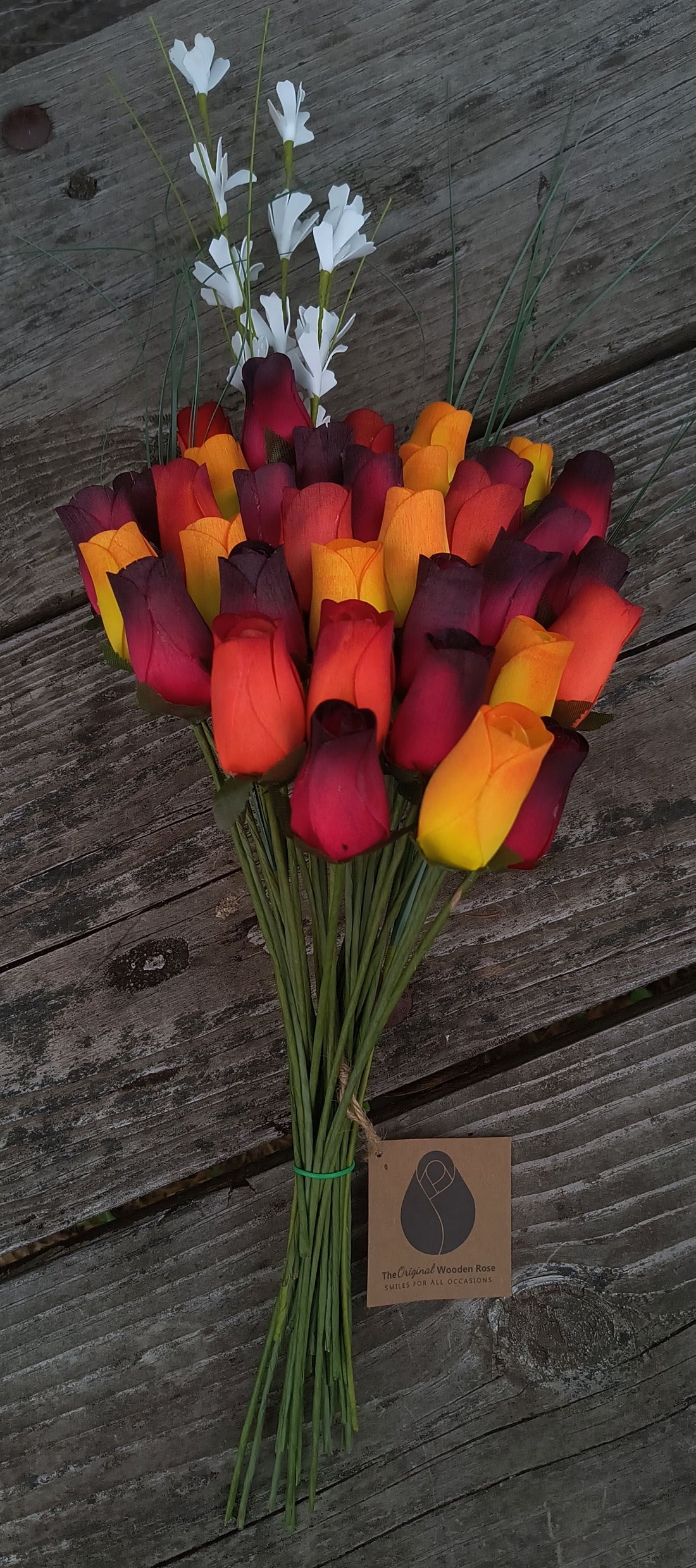 Dark Fall Harvest Colors. Yellows, Oranges, Reds Wooden Rose Flower Bouquet - The Original Wooden Rose