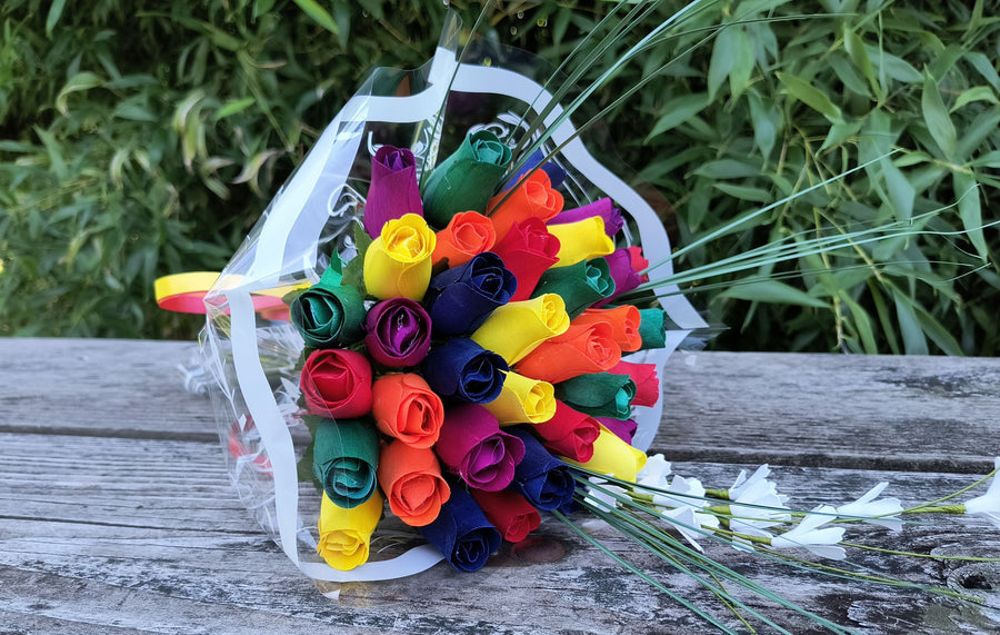 Gay Pride Rainbow of Wooden Roses Flower Bouquet - The Original Wooden Rose