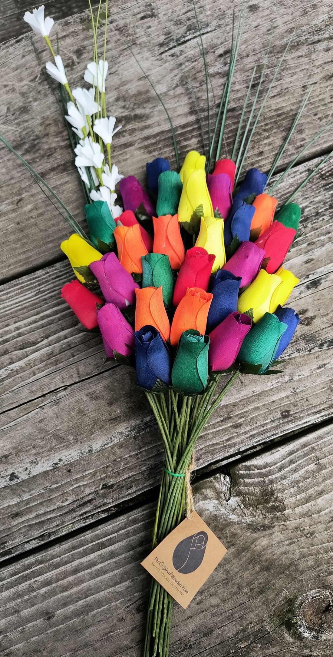 Autism Aware Rainbow of Wooden Roses Flower Bouquet - The Original Wooden Rose