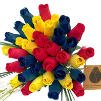 Happy Birthday Red, Blue, and Yellow Wooden Rose Flower Bouquet - The Original Wooden Rose