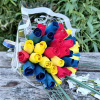 Happy Birthday Red, Blue, and Yellow Wooden Rose Flower Bouquet - The Original Wooden Rose