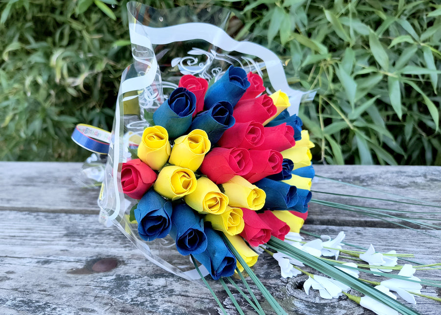 Happy Birthday Red, Blue, and Yellow Wooden Rose Flower Bouquet - The Original Wooden Rose