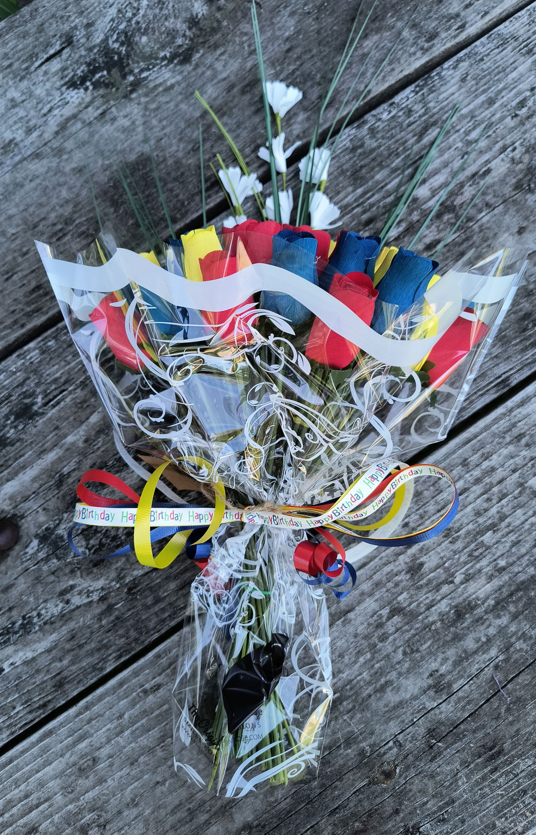 Happy Birthday Red, Blue, and Yellow Wooden Rose Flower Bouquet - The Original Wooden Rose