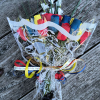 Happy Birthday Red, Blue, and Yellow Wooden Rose Flower Bouquet - The Original Wooden Rose