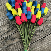 Happy Birthday Red, Blue, and Yellow Wooden Rose Flower Bouquet - The Original Wooden Rose