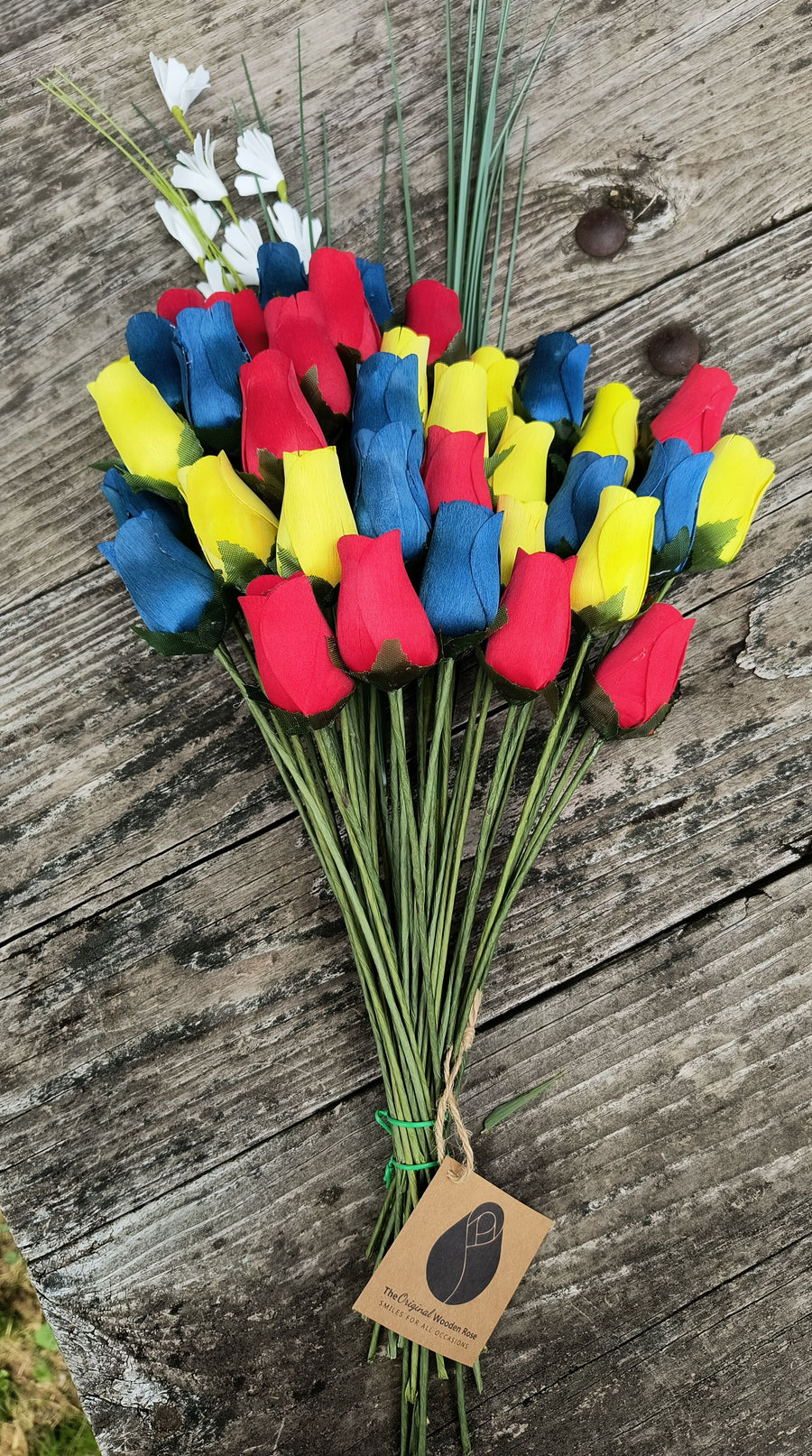 Happy Birthday Red, Blue, and Yellow Wooden Rose Flower Bouquet - The Original Wooden Rose