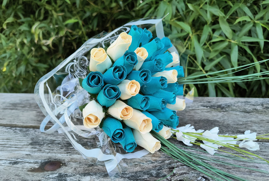 It's A Boy Light Blue and White Wooden Rose Flower Bouquet - The Original Wooden Rose