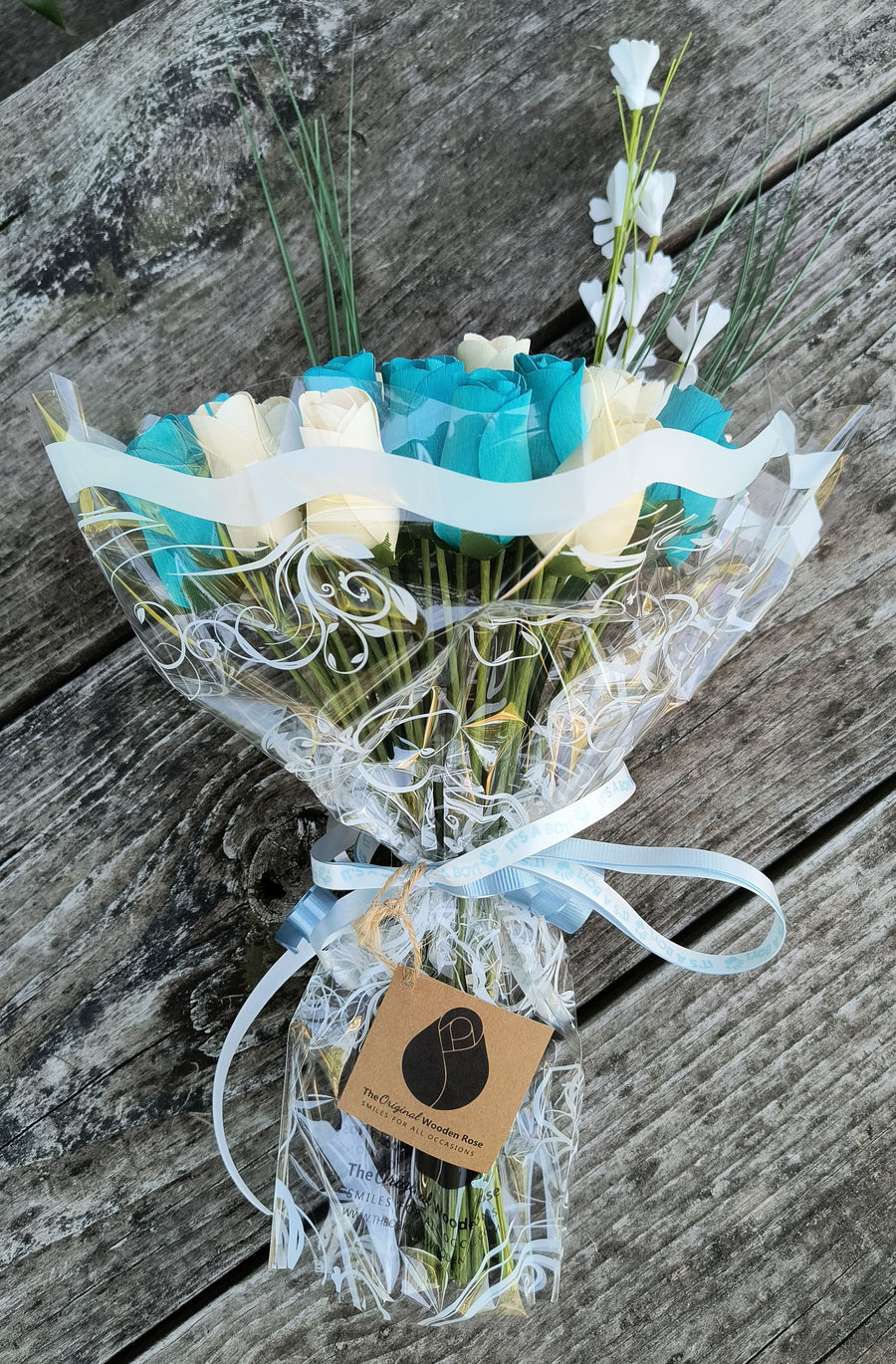 It's A Boy Light Blue and White Wooden Rose Flower Bouquet - The Original Wooden Rose