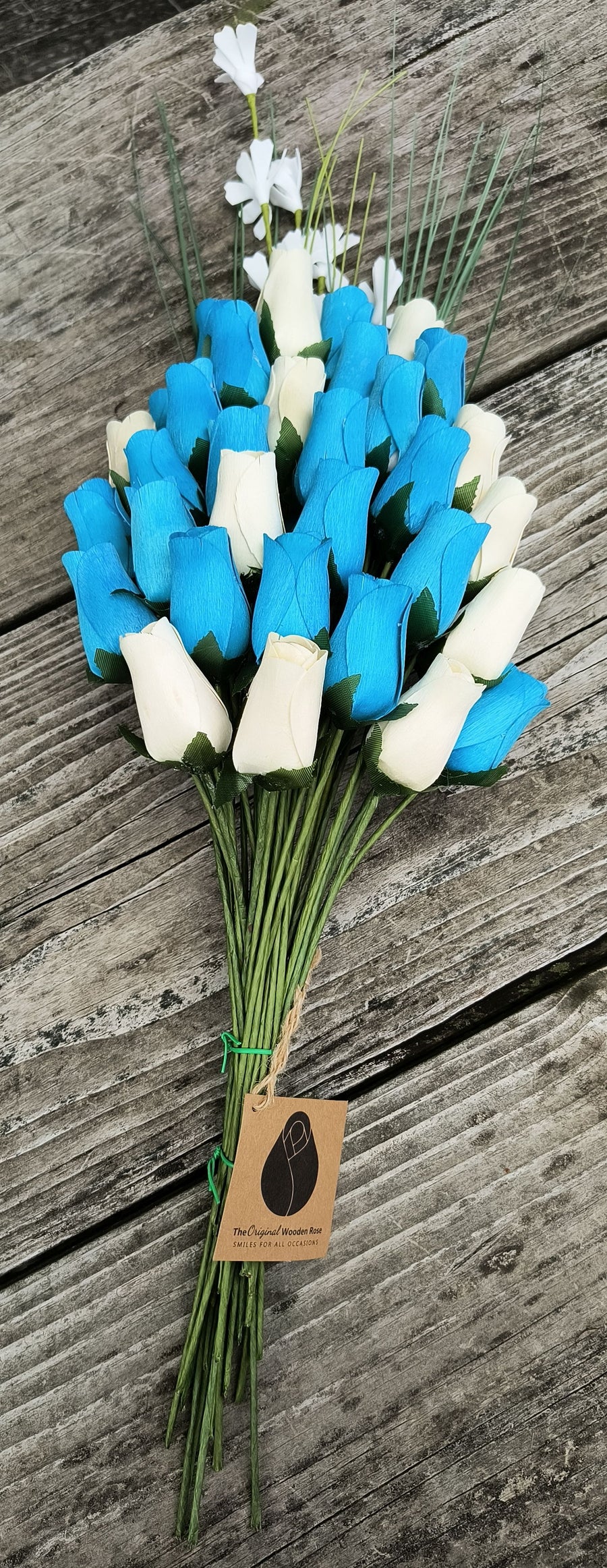 It's A Boy Light Blue and White Wooden Rose Flower Bouquet - The Original Wooden Rose