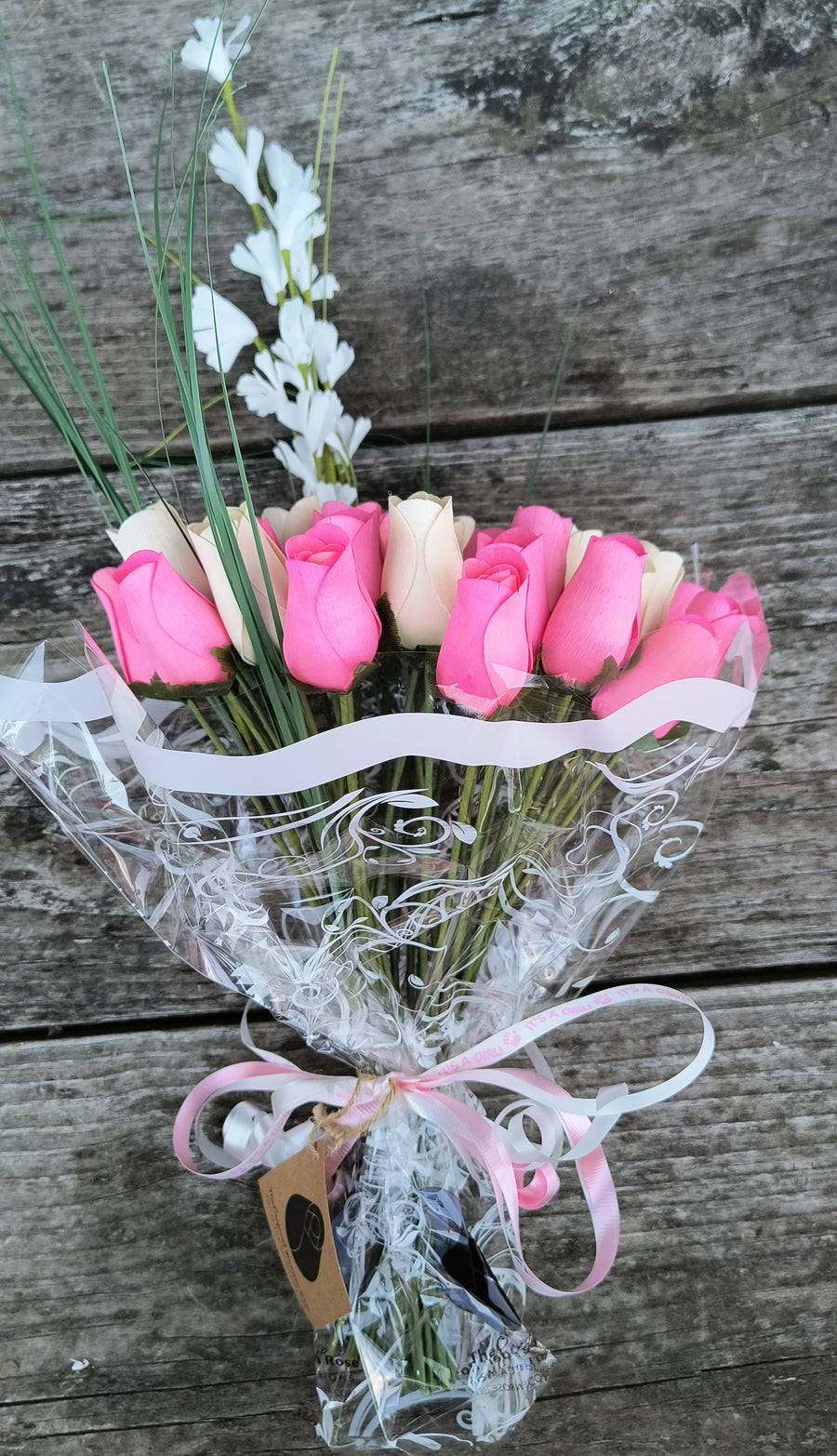 It's A Girl Light Pink, and White Wooden Rose Flower Bouquet - The Original Wooden Rose