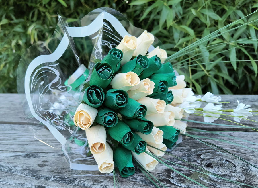 Saint Patrick's Day Green and White Wooden Rose Flower Bouquet - The Original Wooden Rose